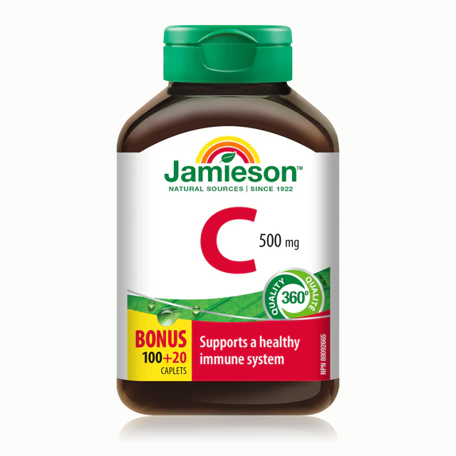 Jamieson Vitamin C supplement bottle on a white background natvd 500 mg 120 caplets