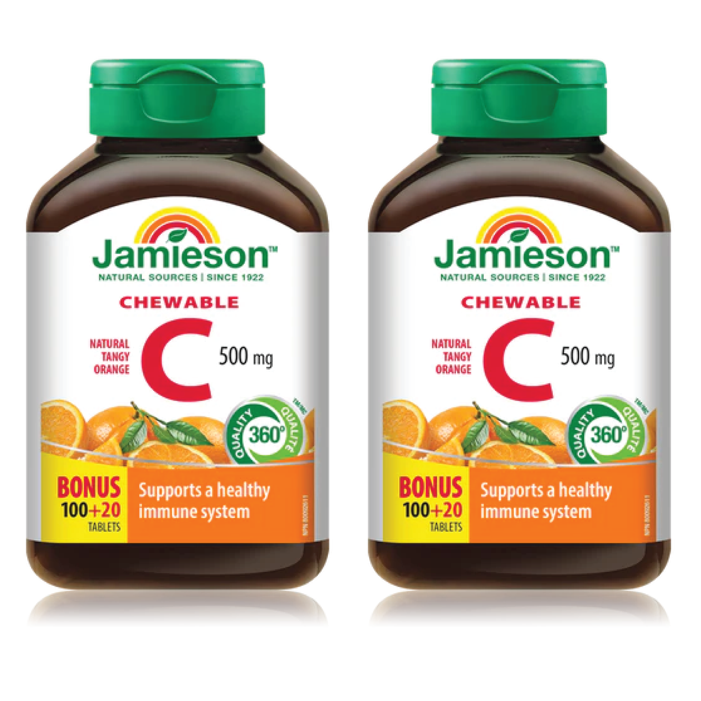 2 x Jamieson Chewable Vitamin C, Tangy Orange, 500 mg, 100 tablets + 20 FREE BONUS Bundle