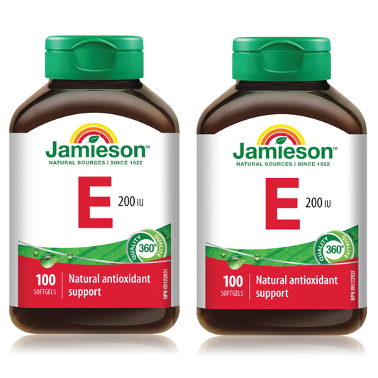 Two bottles of Jamieson Vitamin E supplements on a white background