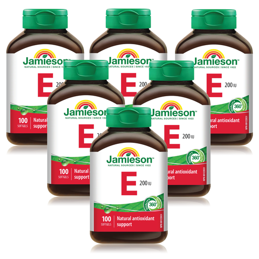 [優惠組合] 6瓶 x Jamieson 天然美容抗氧化維生素 E 200IU，100 粒軟膠囊