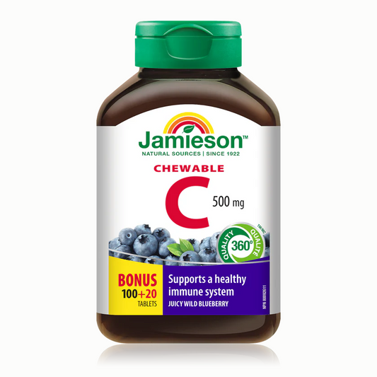Jamieson Vitamin C 500 mg, Chewable Blueberry 100 tablets + 20 FREE BONUS