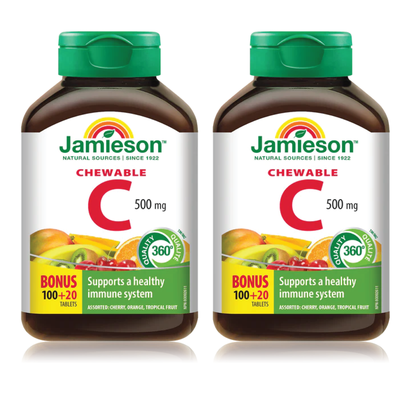 2 x Jamieson Chewable Vitamin C, Assorted Flavours (Cherry, Tropical and Tangy Orange ) , 500 mg, 120 tabs Bundle
