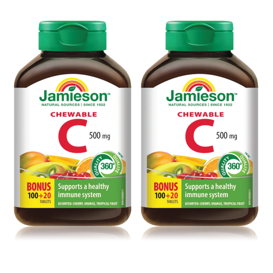 【優惠組合】2瓶 x Jamieson 維生素 C 咀嚼片，組合口味（櫻桃、熱帶和濃郁橙），500 毫克，120 片