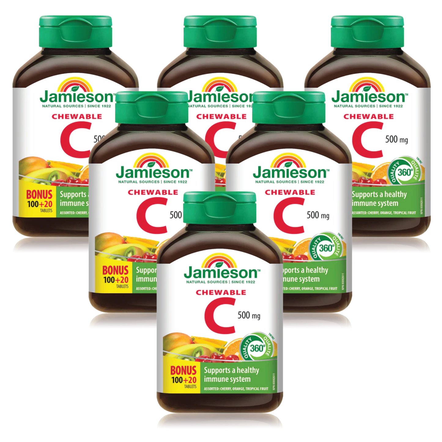6 x Jamieson Chewable Vitamin C, Assorted Flavours (Cherry, Tropical and Tangy Orange ) , 500 mg, 120 tabs Bundle