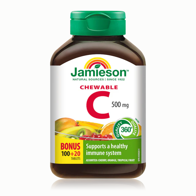 Jamieson Chewable Vitamin C, Assorted Flavours (Cherry, Tropical and Tangy Orange ) 500 mg, 120 tabs Bundle (Copy)