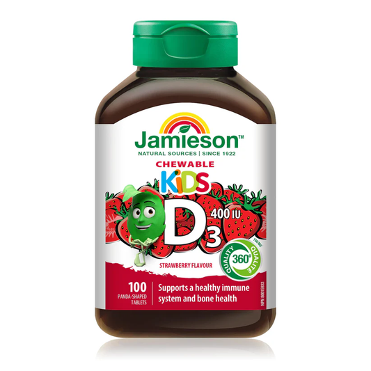 Jamieson Kids D3 chewable supplement bottle with strawberry flavor on a white background natvd natural vitamin direct 