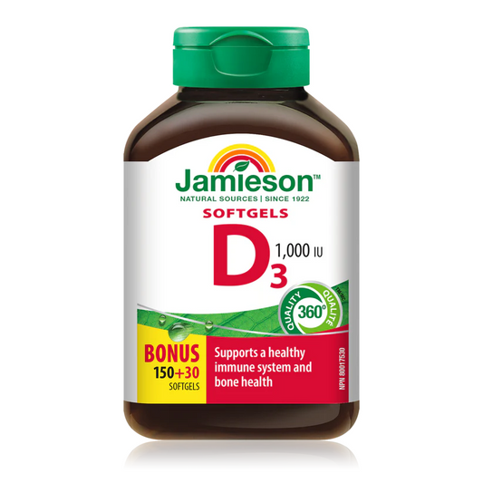 Jamieson D3 supplement bottle on a white background Canadian label available online at natvd.com