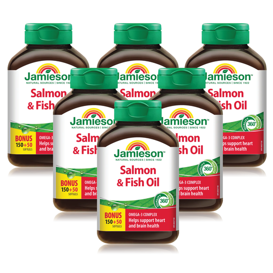 【優惠組合】6 x Jamieson  健美生 Omega-3三文魚魚油, 1000毫克, 200軟膠囊 加量裝