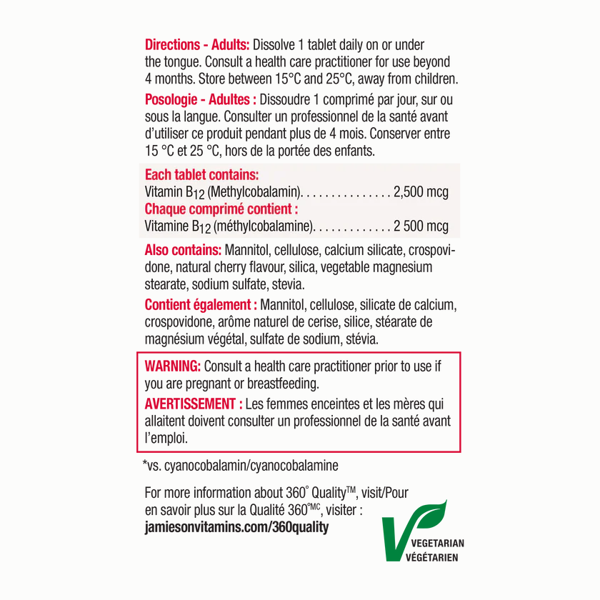 健美生 Jamieson Vitamin B12 2500 mcg 60 Sublingual Tablets Canada information panel photo  