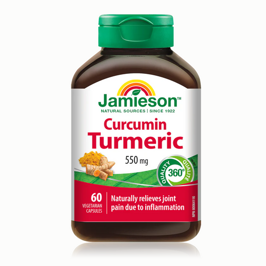 Bottle of Jamieson Curcumin Turmeric supplement on a white background