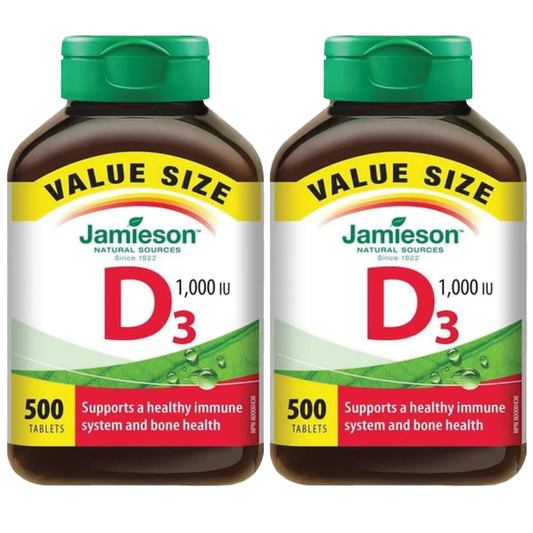 Two bottles of Jamieson D3 vitamin supplements on a white background