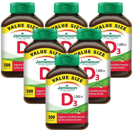Multiple bottles of Jamieson D3 vitamin supplements on a white background