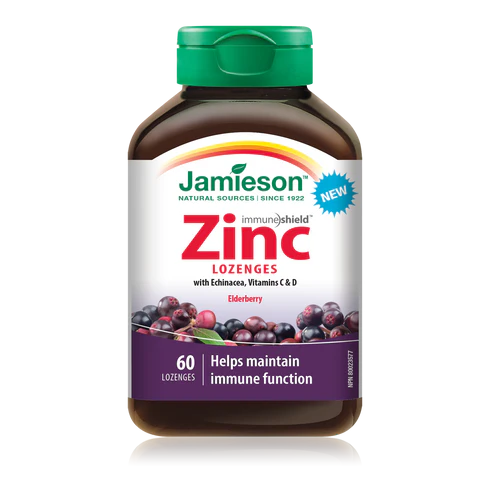 Bottle of Jamieson Zinc lozenges with a green lid on a white background natvd.com Natural Vitamin Direct Inc