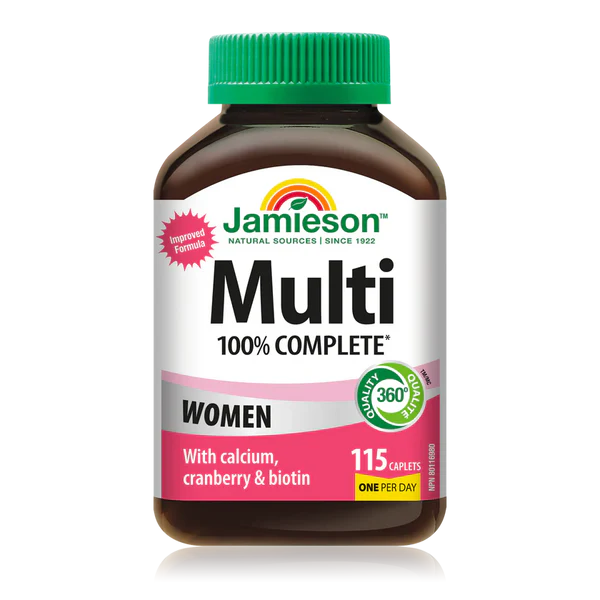 Jamieson Multi 100% Complete Women's supplement bottle on a white background Canadian version sold by natvd.com