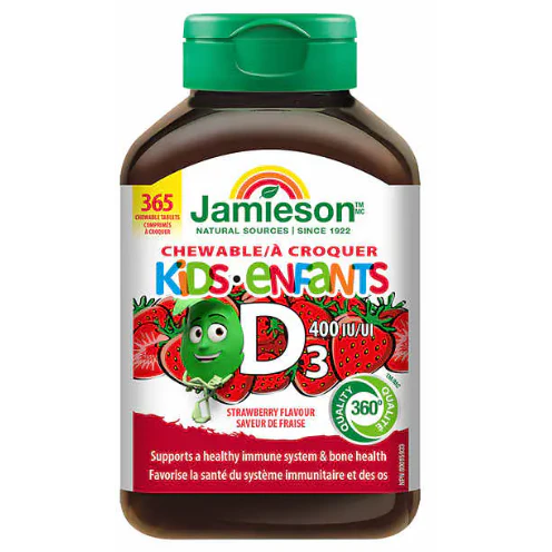 Jar of Jamieson Kids D3 chewable supplement with a green lid on a white background