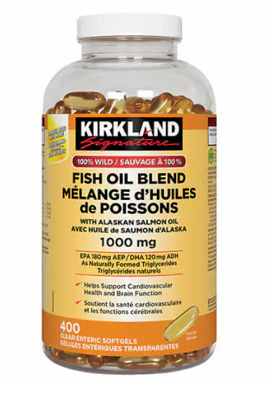 Kirkland Signature Fish Oil Blend with Wild Alaskan Salmon Oil 1000 mg, 180 EPA/ 120 DHA, 400 softgels bottle Canadian label version