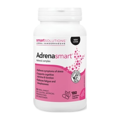 AdrenaSmart supplement bottle with pink label on a white background