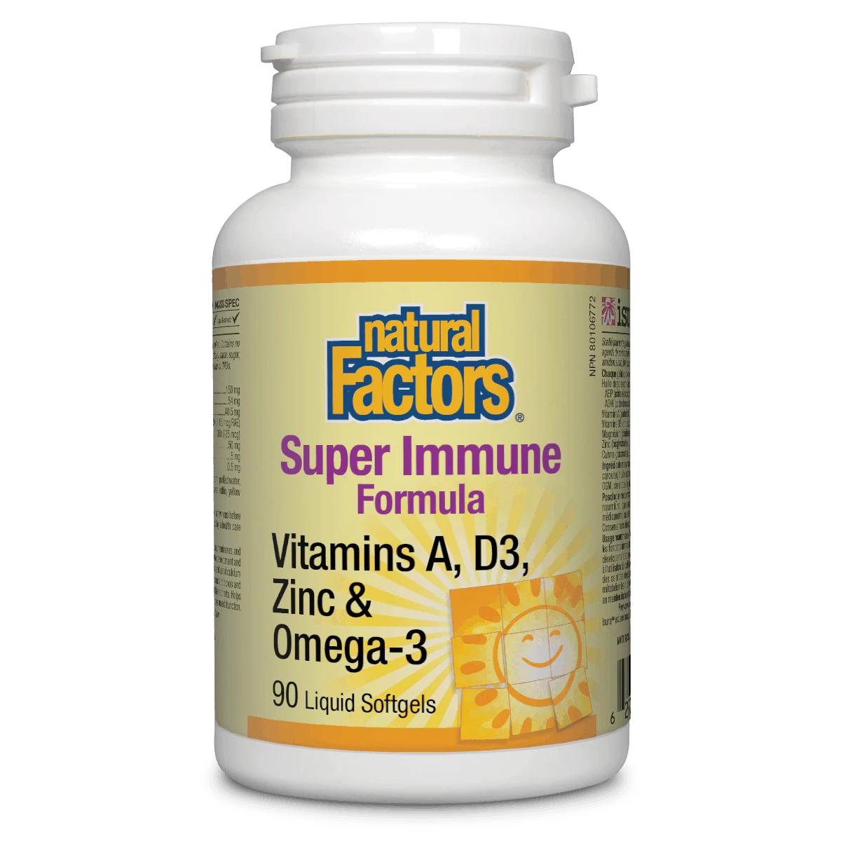 Supplement bottle labeled 'Super Immune Formula' by Natural Factors on a white background sold by natvd.com Canada