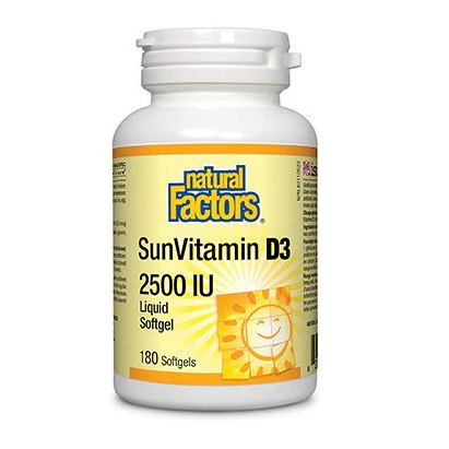 Natural Factors SunVitamin D3 2500 IU supplement bottle on a white background natvd natural vitamin direct 