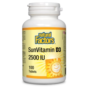 SunVitamin D3 supplement bottle with 'Natural Factors' branding on a white background natvd natural vitamin direct 
