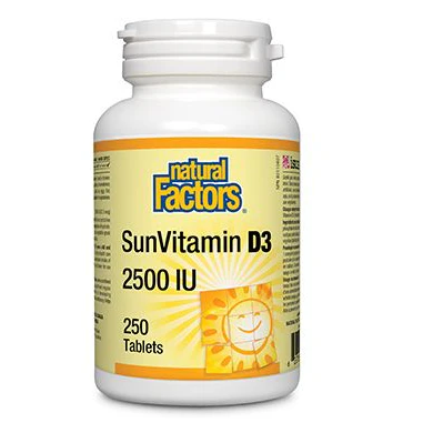 Bottle of Natural Factors SunVitamin D3 2500 IU on a white background natvd.com Natural Vitamin Direct Inc