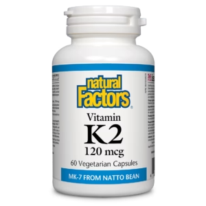 Bottle of Natural Factors Vitamin K2 120 mcg capsules on a white background natvd.com