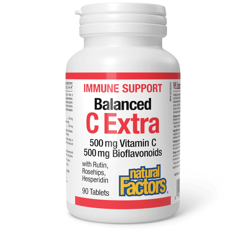 Bottle of Balanced C Extra supplement with 'Natural Factors' branding on a white background available online at natvd.com Natural Vitamin Direct Inc Canada