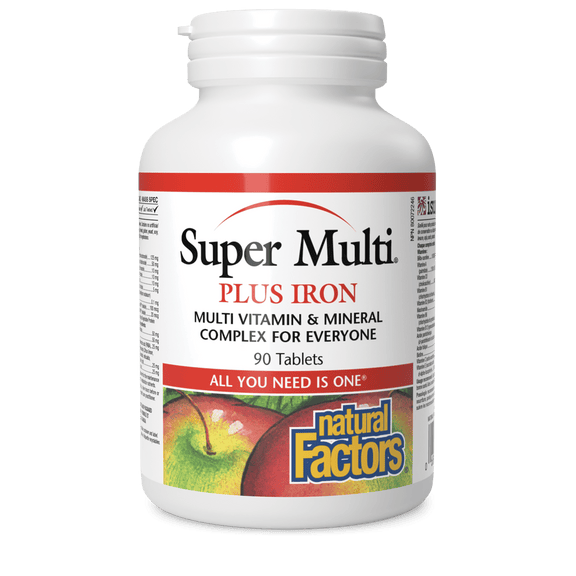 Super Multi Plus Iron multivitamin bottle with natural Factors branding on a white background Natural Vitamin Direct Online store for Natural Factors