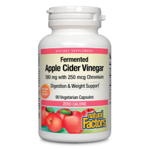 Supplement bottle of Fermented Apple Cider Vinegar with Chromium by Nature Factors on a white background