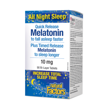 Box of natural Factors All Night Sleep Melatonin tablets on a white background