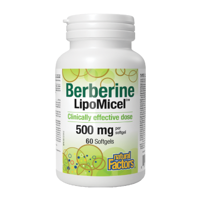 Bottle of Berberine LipoMiel with label on a white background