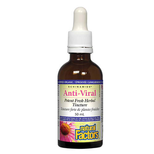 Bottle of Natural Factors Anti-Viral tincture on a white background