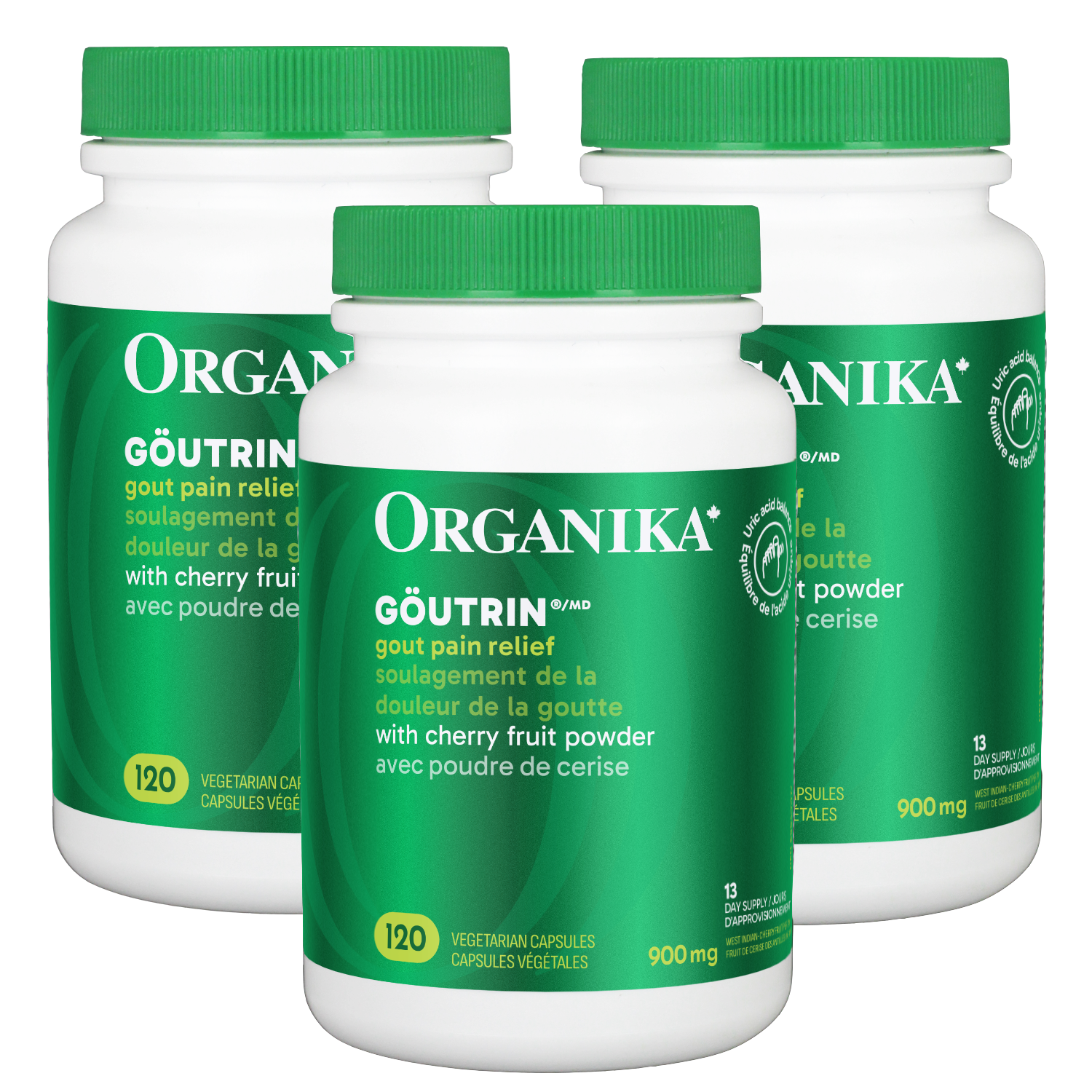Three bottles of Organika Gôutrin on a white background