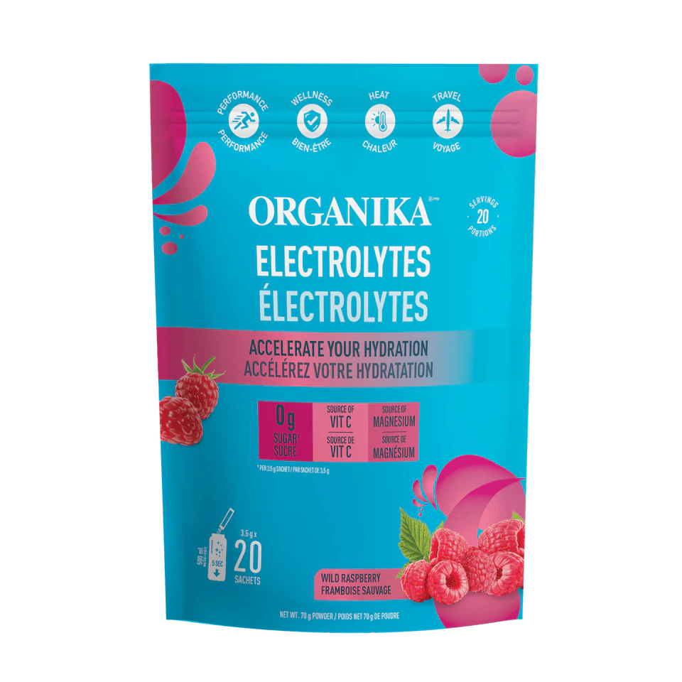 Organika electrolytes packaging with blue and pink design on a white background available online natvd.com