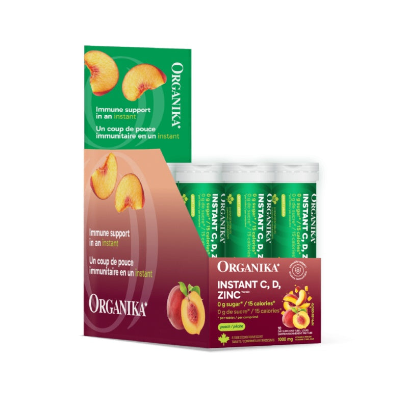 Organika Instant C, D, Zinc Immunity Effervescent - Peach 10 tabs x 8 tubes
