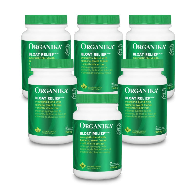 6x Organika Bloat Relief,  Powerful herbal blend to decrease bloating and gas 120 Vcaps Bundle