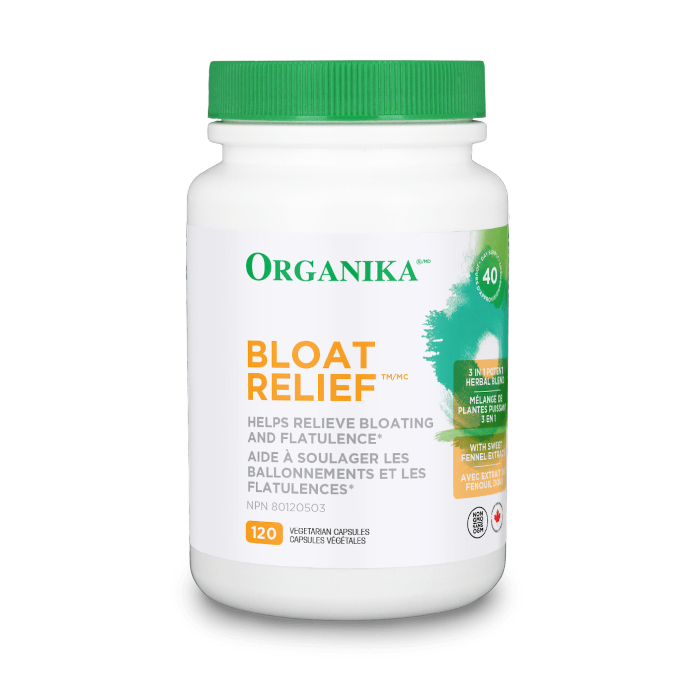 Organika Bloat Relief,  Powerful herbal blend to decrease bloating and gas 120 Vcaps