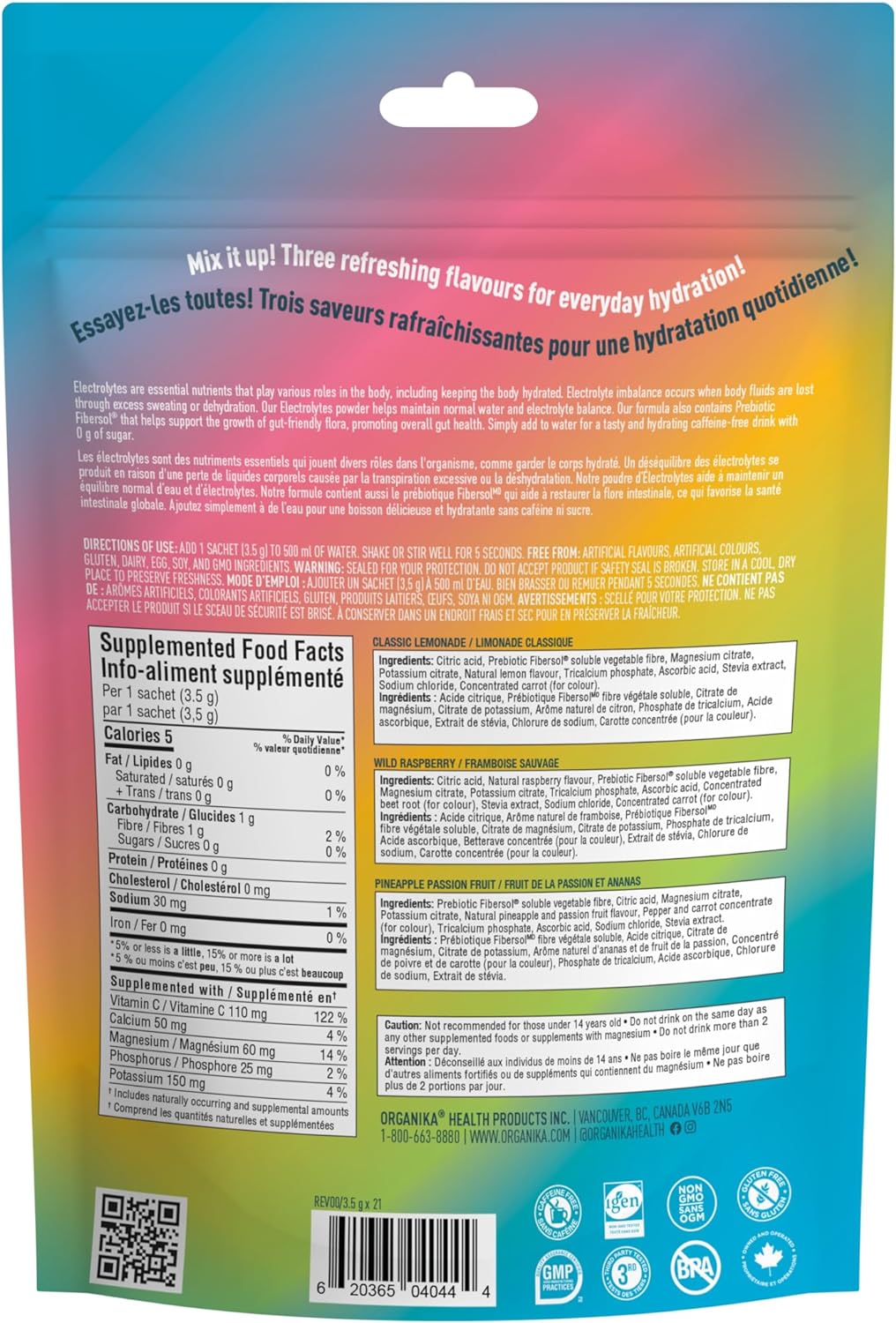 优格康 Organika Electrolytes Variety Pack 3.5 g x 21 Sachets Canadian Version back of packaging