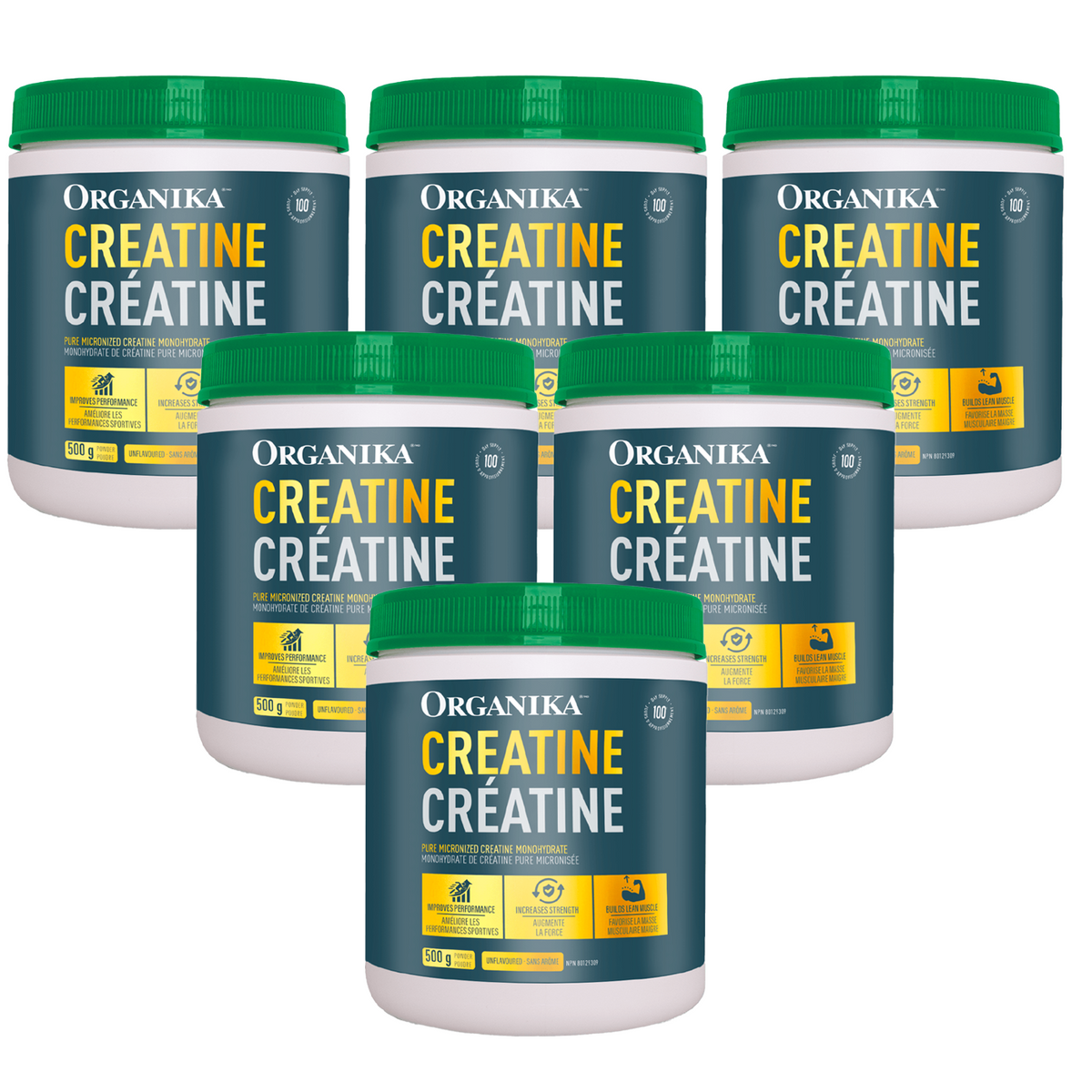 Six white plastic tubs of Organika Creatine Créatine with green lids, arranged in a staggered cluster on a plain white background. Canada natvd.com