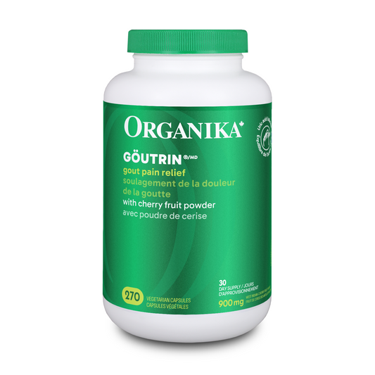 Organika Goutrin supplement bottle with green cap and label on a white background natvd