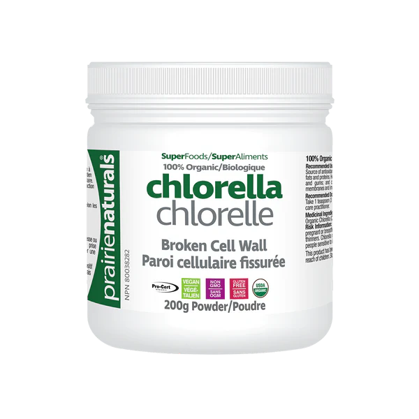 Bottle prairie naturals chlorella powder on a white background sold online at natvd.com 