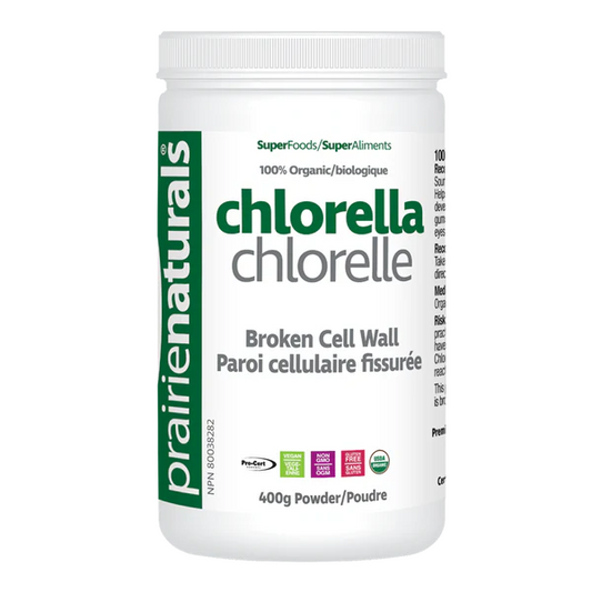 Prairie Naturals chlorella powder container on a white background sold online natvd.com Natural Vitamin Direct Inc Canada