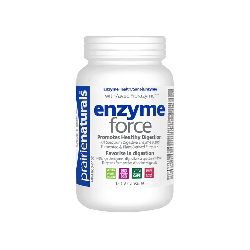 Bottle of Enzyme Force supplement by Prairie Naturals on a white background 120 vcapsules sold by natvd.com Canada