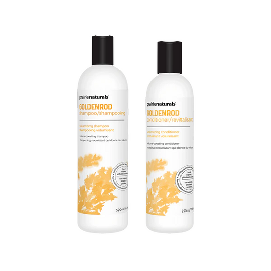 Two bottles of Prairie Naturals Goldenrod shampoo and conditioner on a white background
