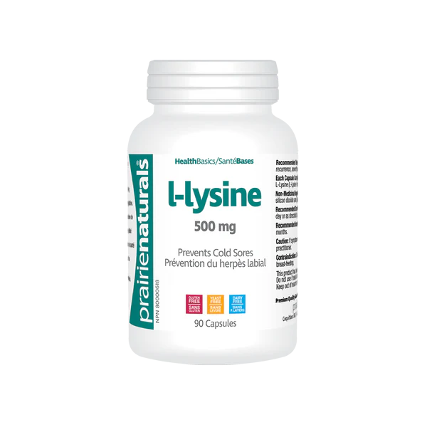 Supplement bottle labeled 'l-Lysine 500 mg by Prairie Naturals on a white background Natural Vitamin Direct Inc Shop Canadian