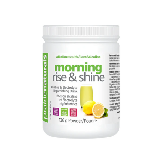 Prairie naturals morning rise & shine supplement container on a white background sold online at natvd.com Canada