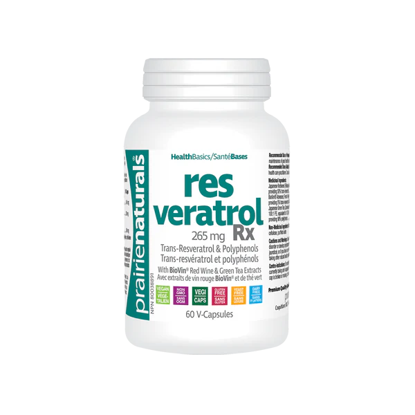 White supplement bottle labeled resveratrol Rx' on a white background