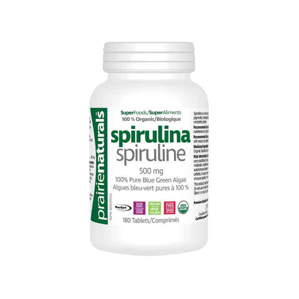 Bottle of Prairienaturals spirulina tablets on a white background Natural Vitamin Direct Inc Shop Canadian