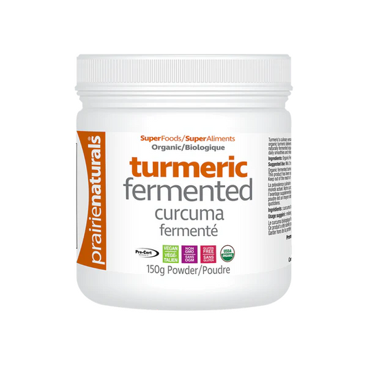 Jar of prairie naturals turmeric fermented curcuma powder on a white background Natural Vitamin Direct Inc natvd.com