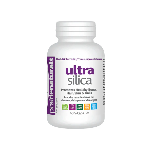 Bottle of ultra silica supplement on a white background Prairie Naturals sold online at natvd.com Canada